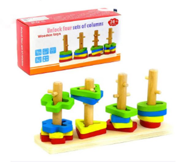 Geometric Four-Column Wooden Block Set – Educational Shape & Color Sorting Toy