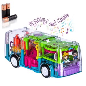 TOYSTER™ Transparent 3D Gear Bus Toy – 360° Rotation, Lights & Mechanical Sound | Bump & Go Action for 2–5 Years (Random Color)
