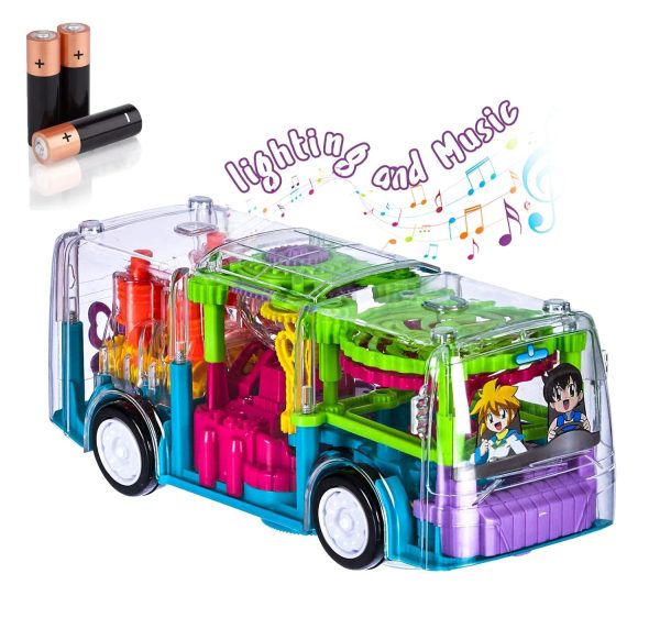 TOYSTER™ Transparent 3D Gear Bus Toy – 360° Rotation, Lights & Mechanical Sound | Bump & Go Action for 2–5 Years (Random Color)