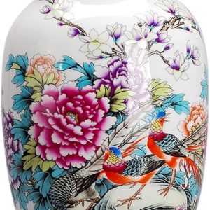 Classical Ceramic Vase with Flowers & Birds – Elegant White Porcelain Décor for Home, Wedding & Office (21 x 33 cm)