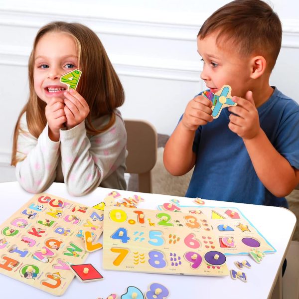 3-in-1 Wooden Puzzles for Toddlers – Alphabet, Number & Shape Learning Puzzle Set for Kids Aged 2–4 – Educational Montessori Toy for Boys & Girls - Image 2