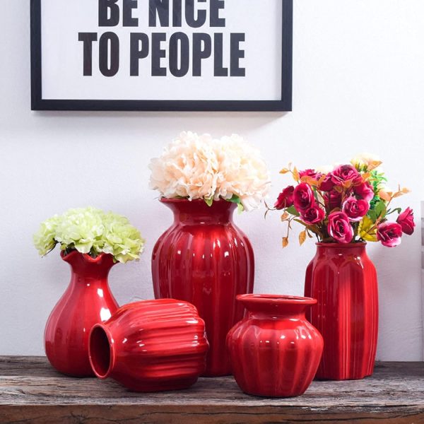 Indoor Gardening Decorative Red Ceramic Vase – Home Living Room Tabletop Vase for Wedding Ceremony (Size: 12.5 × 19 cm) - Image 2
