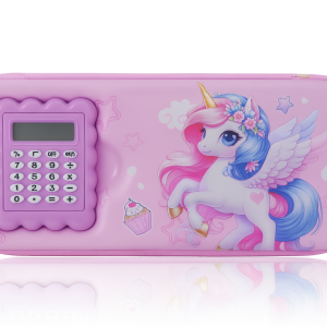 Unicorn Themed Pencil Case with Calculator – Cute Pink EVA Stationery Organizer for Girls – Zippered School Pouch with Built-In LCD Display and Cartoon Design