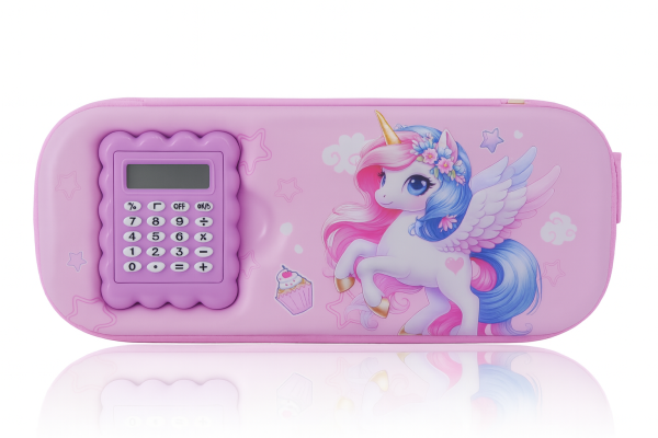 Unicorn Themed Pencil Case with Calculator – Cute Pink EVA Stationery Organizer for Girls – Zippered School Pouch with Built-In LCD Display and Cartoon Design