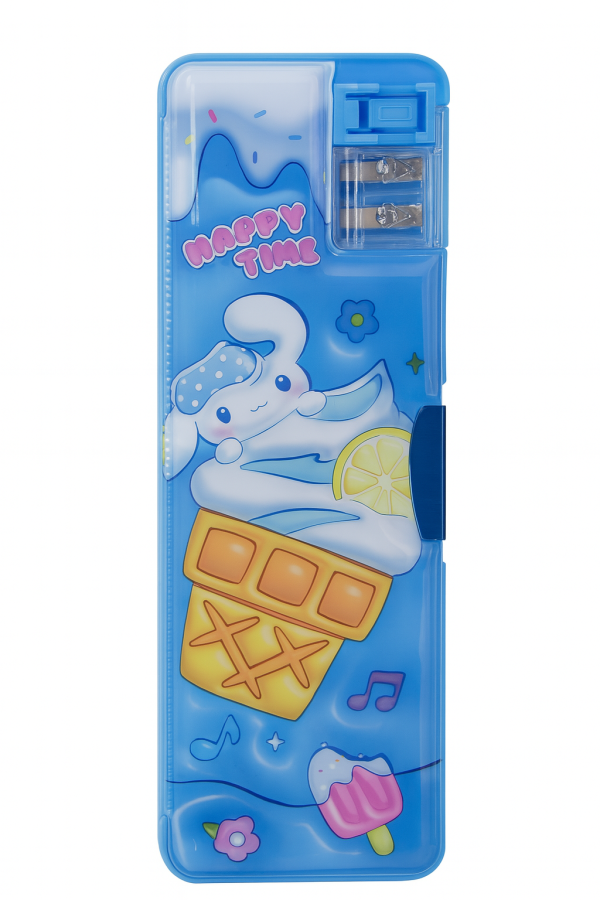GETNAKSH "Happy Time" Bunny Ice Cream Pencil Box – Dual Sharpener, Push Button, Multi-Compartment Plastic Case for Kids (Blue)**