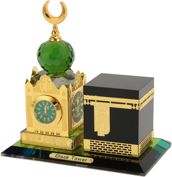 Gold-Tone Makkah Clock Tower and Kaaba Miniature Souvenir with Green Accents