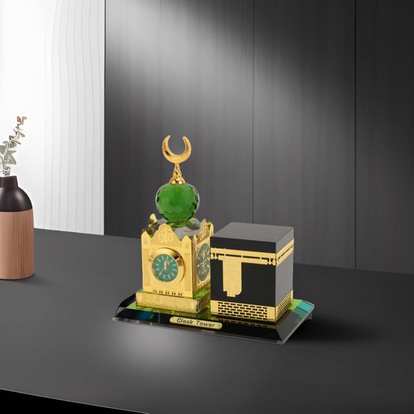 Gold-Tone Makkah Clock Tower and Kaaba Miniature Souvenir with Green Accents - Image 2
